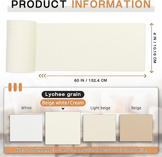 Leather Repair Patch, 4 x 63In Self Adhesive Leather Repair Tape for Furniture, Vinyl Repair Tape for Repairing Vinyl, Couch, Sofa, Car Seats, Car Interior (Beige White/Cream)