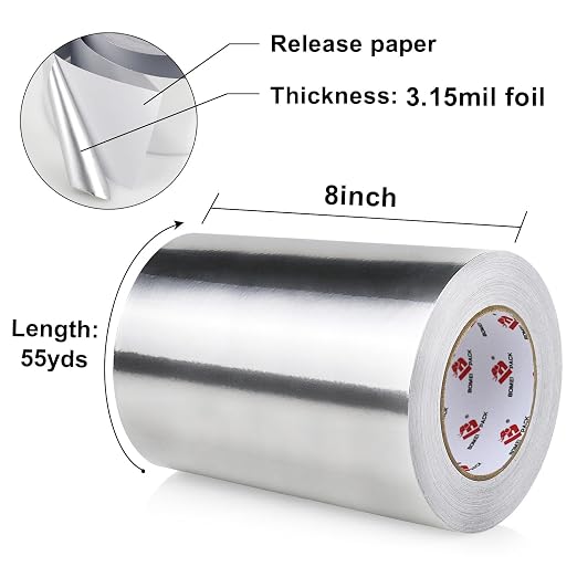 BOMEI PACK Aluminum Foil Tape,Heavy Duty Metal Duct Tape,High Temperature Silver Tape,Perfect for Sealing & Patching,HVAC,Air Ducts,Insulation and Metal Repair (8 Inch x 55 Yards)
