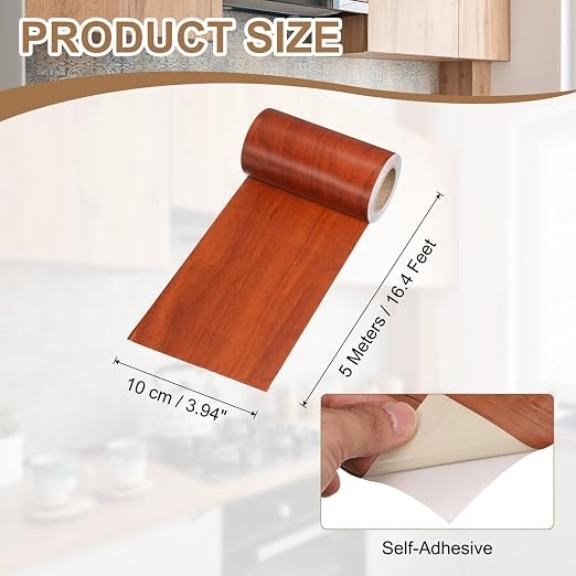 uxcell Wood Tape, 4 Inch x 16ft Self-Adhesive Wood Grain Repair Tape Patch with Plastic Scraper for Baseboards, Doors, Windows, Floor Repair and Furniture Renovation, Red