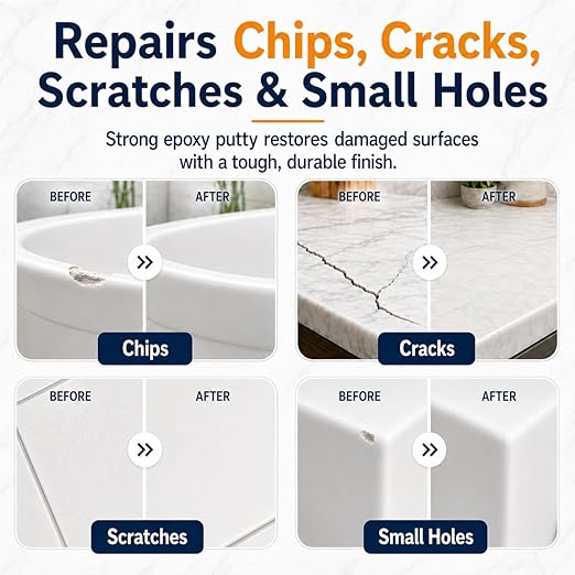 Tub & Tile Repair Kit for Renters & Homeowners, 5.6 oz Porcelain Repair Epoxy with 6 Pigments, Easy-Sand to Fix Chips, Cracks, Holes, Dents & Scratches on Tub, Sink, Countertop & Tile