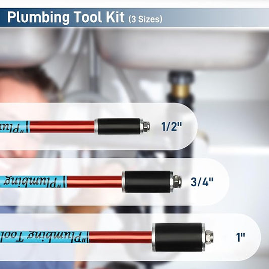 Plumbing Plug Tool Kit (3 Tools) for 1/2", 3/4" and 1" Sized Pipes, Plumbing Plugs for Fast Water Line Repairs, with Replacement Parts Gasket Nut, No Draining Needed
