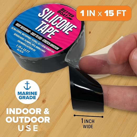 Better Boat Self Fusing Silicone Tape Waterproof Black, Hose Repair and Electrical Tape, Plumbing Tape for Leaks, 1 in x 15 ft