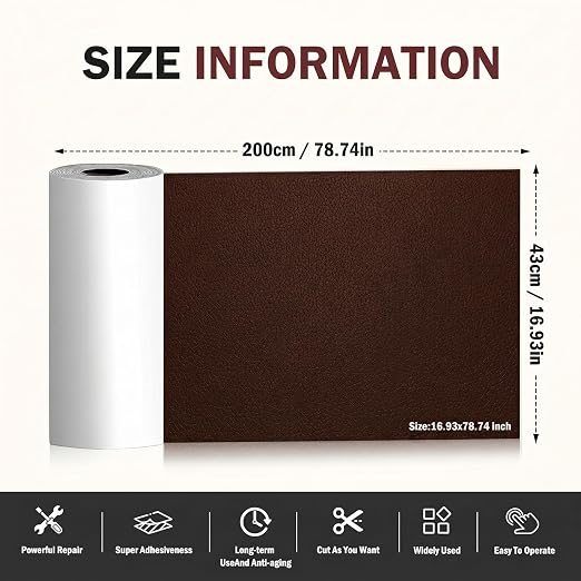 Leather Repair Patch, Large Vinyl Patch Kit, Self Adhesive Leather Repair Tape, Vinyl Repair Tape, for Couches, Car Seats, Chairs, Furniture (Dark Brown, 17 x 79 Inch)