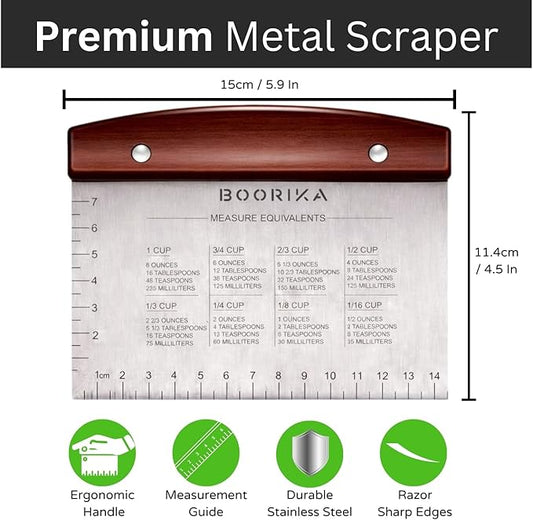 BOORIKA Dough Scraper & Bench Scraper Kitchen – Stainless Steel Sourdough Tools – Dough Cutter for Sourdough Bread, Pizza, and Flat Top Griddles – Chef Approved (Dark)
