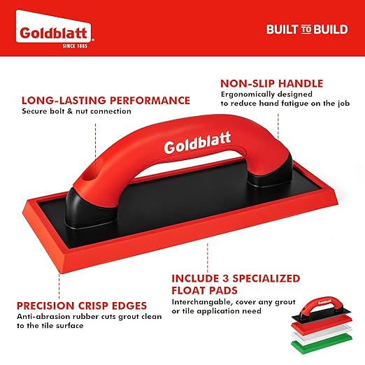 Goldblatt Grout Float with 3 Replaceable Pads, 3-3/4" x 9-5/8" Rubber Grout Float for Tile with Soft-Grip Handle, Tools for Floor & Wall Tiles, Smooth Application for Epoxy & Concrete