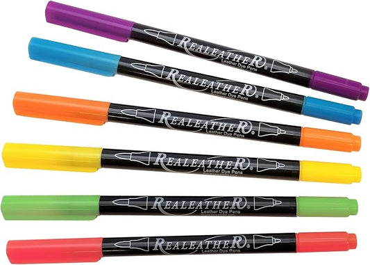 Realeather F2400-05 Leather Dye Pens, Double Sided with Fine and Brush Tips, Bright Colors, 6-Pack