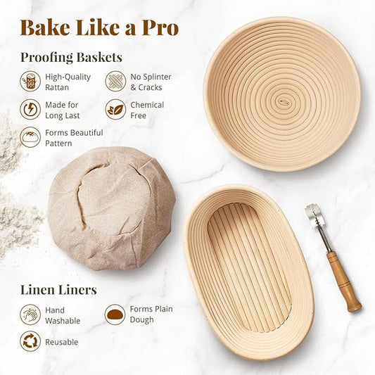 Sourdough Starter Kit, Banneton Bread Proofing Baskets Set, Sourdough Bread Baking Supplies Making Tools with Dough Scraper, Whisk, Bread Lame, Recipe