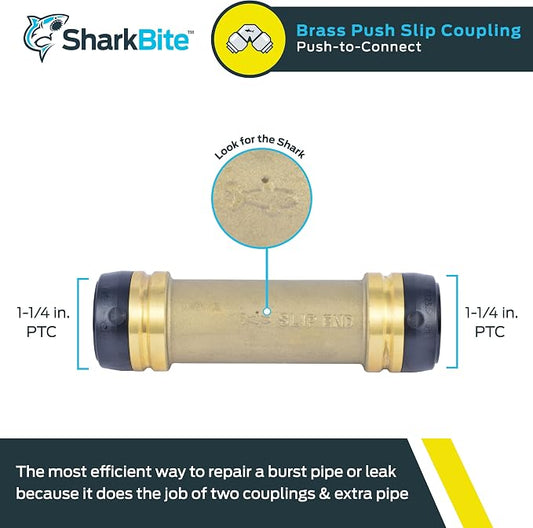 SharkBite 1-1/4 x 1-1/4 in Slip Coupling, Push-to-Connect Brass Plumbing Fitting, UXL0635