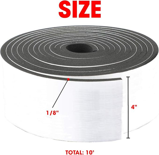 Neoprene Foam Strip Roll By Dualplex, 4" Wide x10' Long 1/8" Thick, Weather Seal High Density Stripping with Adhesive Backing – Weather Strip Roll Insulation Foam Strips