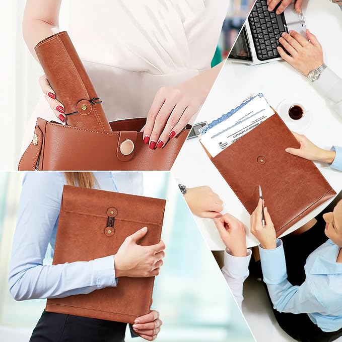 Grey PU Leather File Folder for Documents,Important Document Folder with String Tie,Laptop Sleeve Notebook Case,Leather File Organizer,A4 Envelopes Filing Folder