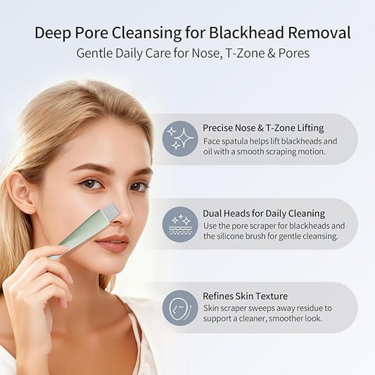 Blackhead Remover Tool, Stainless Steel Face Scraper, Skin Scrubber Face Spatula for Deep Cleansing, 3-in-1 Skin Care Tool with Blackhead Scraper, Mask Applicator & 2 Silicone Heads (Green)