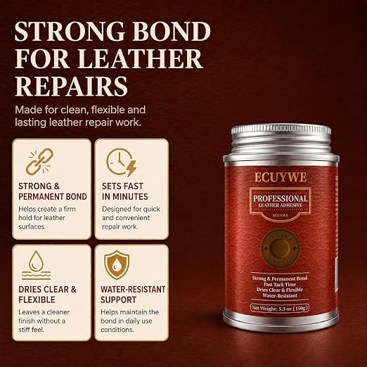 Leather Glue, 5.29 oz Leather Adhesive for Shoes, Bags, Sofas, Upholstery, Patches, Crafts and DIY Repairs, Clear Flexible Repair Glue for Leather, Faux Leather, Fabric, Rubber and More