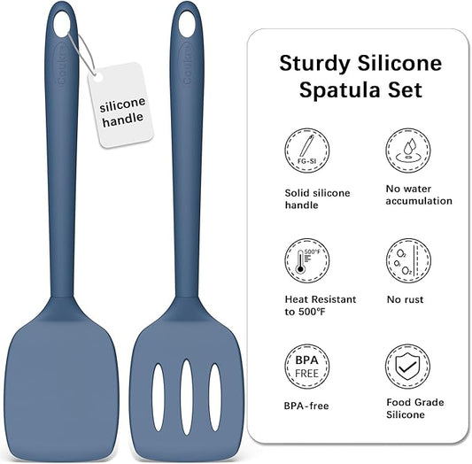 Coukre 2 Pack Silicone Spatula Set, High Heat Resistant, BPA Free Kitchen Spatula, Solid & Slotted Turner for Non-Stick Pans, Sautéing, and Flipping (2, PureDarkBlue)