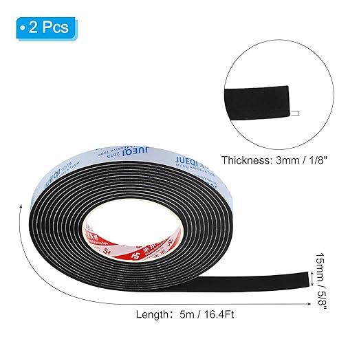 PATIKIL 5/8" W x 1/8" T x 16.4Ft EVA Single Sided Foam Tape, 2Pcs Multipurpose Sealing Strip Foam Waterproof Weather Stripping Foam Sealing Foam Strips with Adhesive for Door, Black