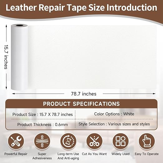 Leather Repair Tape, Heavy Duty Vinyl Repair Patch, Waterproof Self Adhesive Leather Repair Kit for Fixing Holes & Scratches on Couch, Car Seat, Furniture (White, 15.7 x 78.7in)