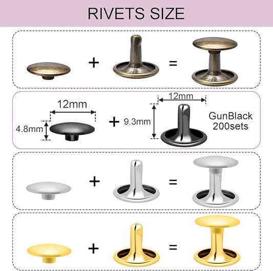 CooBigo 200Sets 12mm Double Round Cap Leather Rivets, Tubular Metal Rivets Spikes Studs, Leather Rivets for Leather Key Fob Clothing Pets Collar Boots Bags Belt Repair and Decoration (Gun Black)