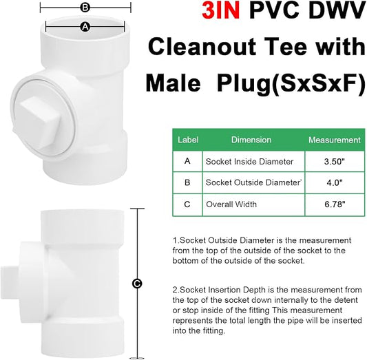 3IN PVC DWV Cleanout Tee with Plug Pipe Fitting (Socket x Socket x FPT) SCH40 3IN DWV PVC Sewer Cleanout Tee with NPT Female Cap Cover for pipe, Drain, Waste, Vent