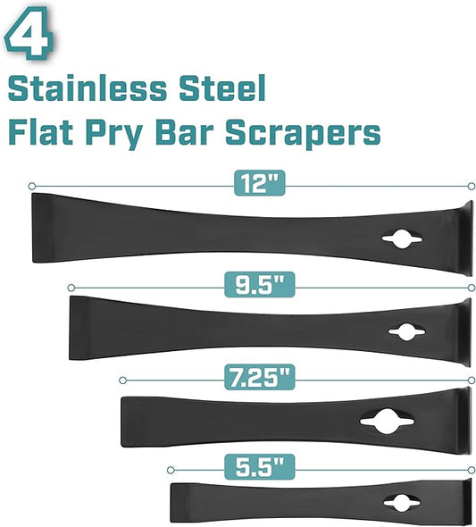 Bates- Flat Pry Bar Scraper, 4 Pack, 5-1/2", 7-1/4", 9-1/2" and 12", Black, Trim Puller Tool for Baseboard