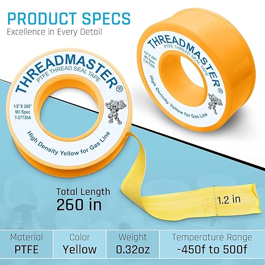 TAPEWELL Yellow Gas Pipe Thread Sealant Tape - Pack of 1-260" Length 1/2" Width Thread Seal Tape - for Propane, Natural Gas, and More