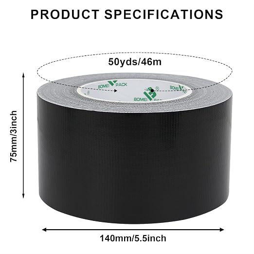 BOMEI PACK Duct Tape Heavy Duty - Black Tape Duct 3 Inches x 50 Yards, 9.06 mil, Strong, Flexible, No Residue, All-Weather and Tear by Hand - for Repairs, Industrial, Professional Use
