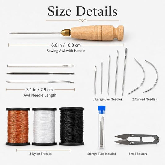 16Pcs Upholstery Repair Sewing Kit, Heavy Duty Leather Sewing Kit with Sewing Awl, Hand Needles, Curved Needles, Scissors and Nylon Thread for Leather Shoes, Sofa, Furniture, Canvas Repair