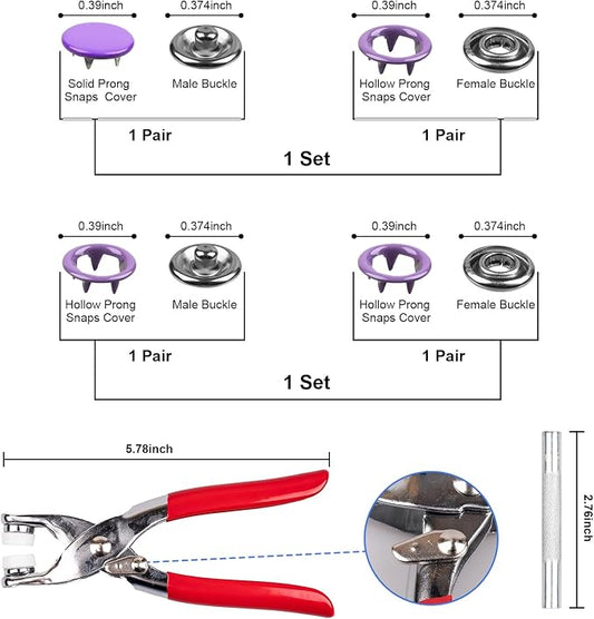 Siziviki 200 Set Snap Button Kit - 9.5mm 10 Colors Snaps for Fabric - Fastener Pliers & Snap Fastener Tool - 100 Hollow & 100 Solid - Suitable for DIY, Sewing, Crafting