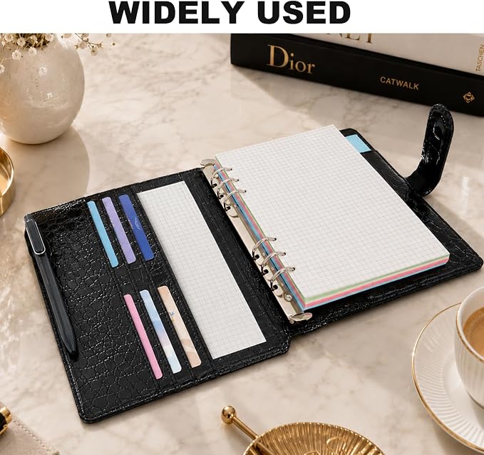 Convend A5/A6 Refillable 6 Ring Binder Cover,Crocodile-Embossed PU Leather with Magnetic Closure, Premium Look and Feel, Compatible with Standard Planner Inserts,(Black)