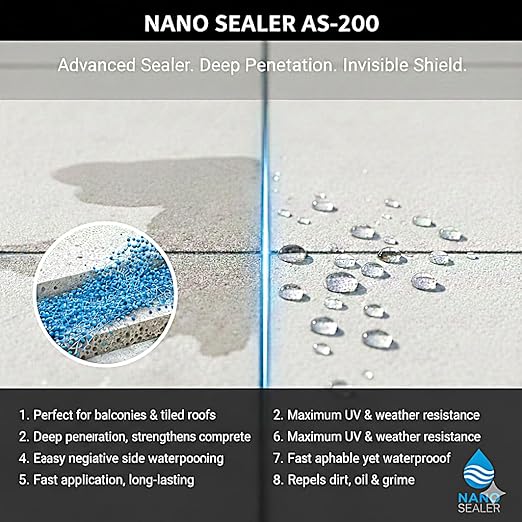 Nano Surface Sealer AS-200 – Transparent Waterproof & Abrasion-Resistant Nano Coating for Terraces, Tiled Roofs, Bathtubs, Stone & Concrete - Breathable, Invisible, Professional-Grade (33.8 fl.oz)