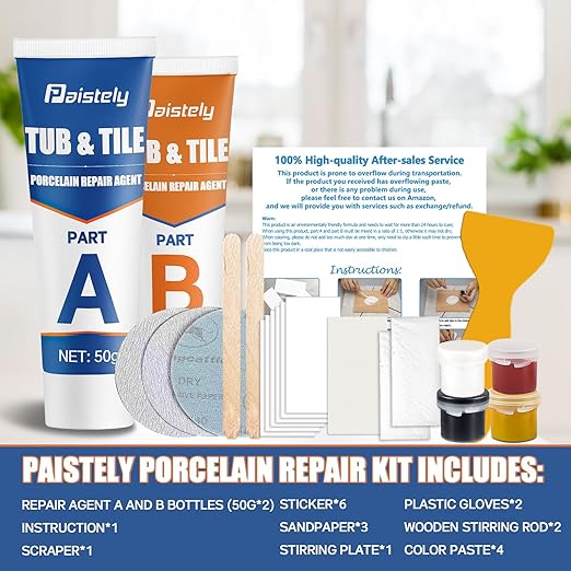 Porcelain Repair Kit, Waterproof Fiberglass Tub Repair Kits, Strong Tile Repair Kit, Non-Toxic Ceramic Tile Repair Kits Suitable for Granite, Marble, Quartz, Ceramics, Porcelain, Resin, etc (50g+50g)