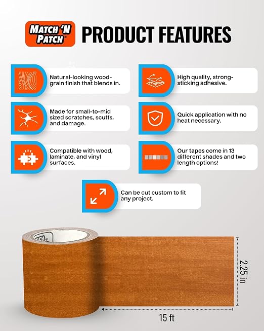 MATCH 'N PATCH Wood Grain Repair Tape - Chestnut Maple, 2.25 in x 15 ft (1-Pack) – Wood Grain Colored Duct Tape for Mirror Frame, Trim, Borders, Floor and Other Furniture, Scratch Repair Kit
