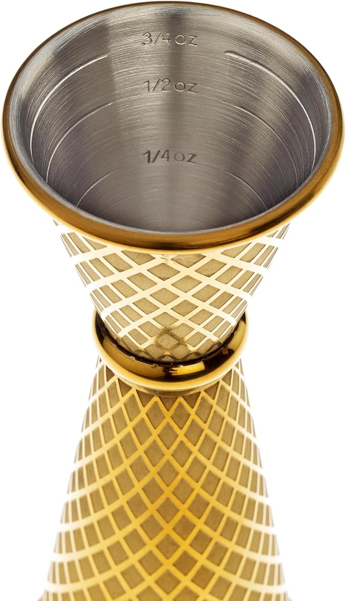 Barfly 1 x 2 oz. Diamond Lattice Etch Japanese Style Jigger, Gold Plated