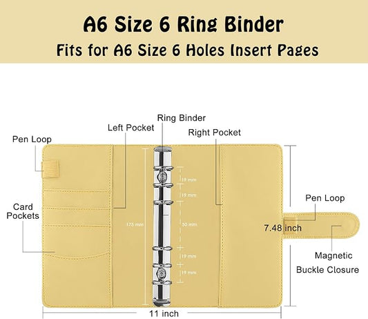 Antner A6 Binder 6 Ring Refillable Notebook Planner Cover for A6 Refill Paper, PU Leather Loose Leaf Personal Budget Planner Money Organizer Binder with Magnetic Buckle Closure, Yellow