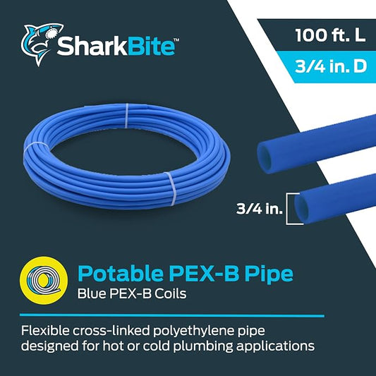 SharkBite 3/4 Inch x 100 Feet Blue PEX-B, PEX Pipe Flexible Water Tubing for Plumbing, U870B100