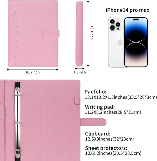 Wonderpool A4 PU Leather Portfolio Holder Ring File Document Case with Removable Binder Clipboard, Multi Pocket and Legal Pad for Business Organizer Interview and Meeting (Pink)