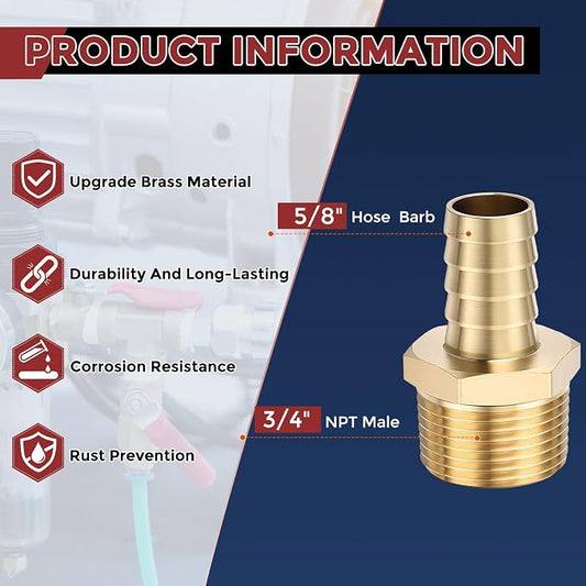 Pack of 8 Brass Hose Barb Fittings Adapter Connector 5/8" Hose Barb to 3/4" NPT Male Fittings for Home Machines, Massage Bathtubs, and Irrigation Systems