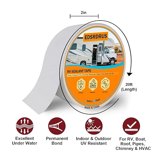 EDSRDRUS RV Roof Tape, Heavy-Duty Adhesive Butyl Seal Tape Waterproof UV-Resistant for RV Repair, RV Sealant Tape for Boat, Camper Roof Leaks (White, 2inch*20ft)