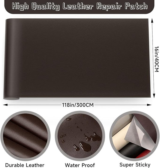 Leather Repair Patch, Self Adhesive Leather Repair, Large Leather Repair Tape for Sofa, Car Seats, Furniture, Cabinets, Chairs, Handbags (Dark Coffee, 16X118 inch)
