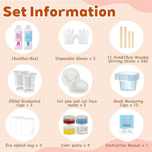 Liquid Silicone Squishy Making Kit 1:1 AB Ratio Mixed 16OZ Super Soft Silicone Rubber for Squishy Maker, Perfect DIY Stress Relief Gift Making Kit for Squishy