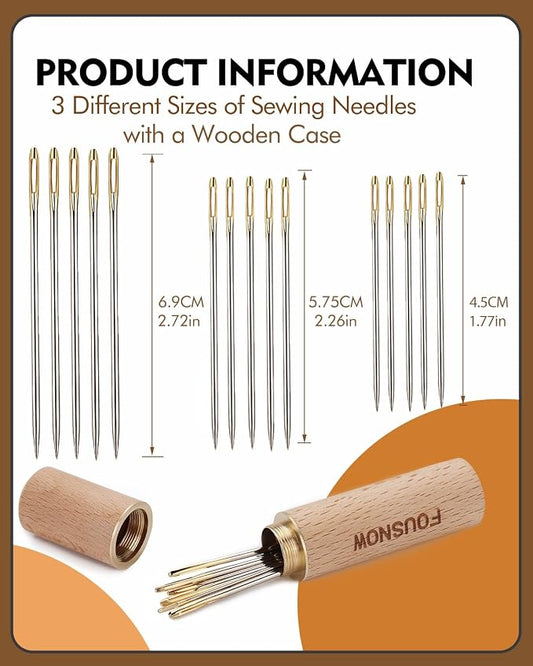 FOUSNOW 19 Pcs Hand Sewing Needles Kit, Assorted Sewing Needles with Wooden Sewing Needles Cushion, Needle Threaders for Hand Sewing, 3 Sizes Hand Stitching Needles for Sewing Repairing Craft