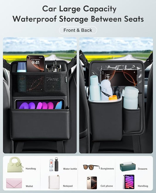 FLORICH Car Organizer Storage Between Seats, Premium Leather Car Mesh Organizer with Waterproof Cup Holder, Car Hanging Storage Bag Pocket Between Seats