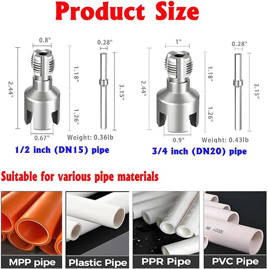 PVC Pipe Threader Kit, 3 Piece Set, 1/2", 3/4", 1" NPT, Internal and External Threading, Compatible with Electric Drill for PVC, PPR, MPP Pipes (1/2in+3/4in)