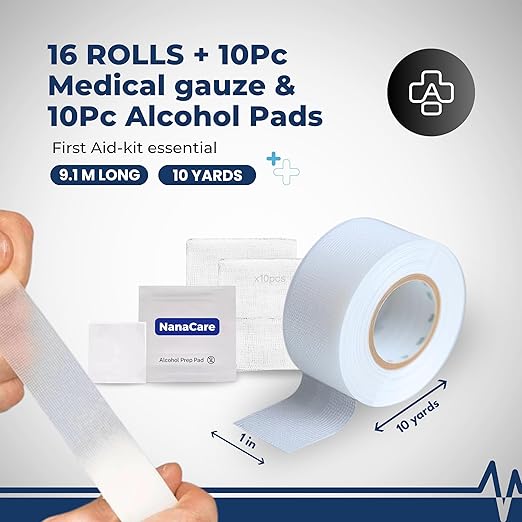 NanaCare Clear Medical Tape Waterproof, 16 Rolls- 1 inch x 10 yds + 10 pc Gauze Pads - Hypoallergenic Surgical Tape for Wound Care, Dressings & Face, First Aid Waterproof Bandage (16)