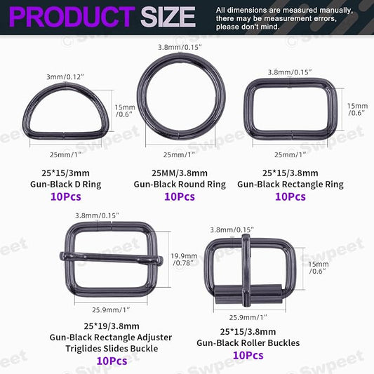Swpeet 5 Style Metal Buckles - Adjustable Slide, D Ring, Circular Ring