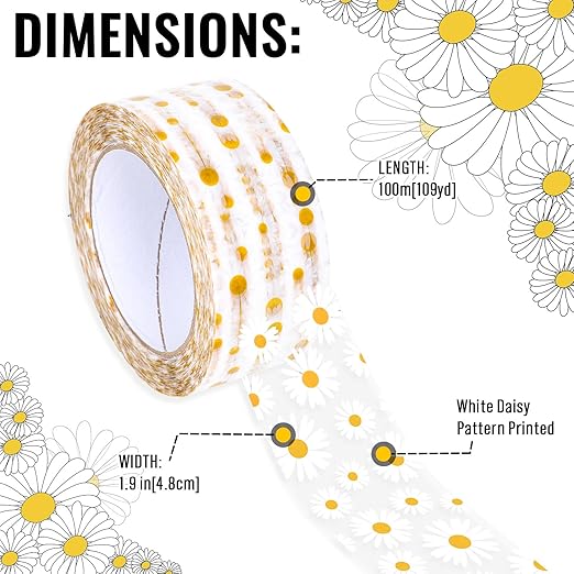 Whaline 109 Yard Groovy Daisy Packing Tape White Boho Flower Pattern Tape Waterproof Floral Shipping Tapes for Small Business DIY Crafts Box Carton Decor
