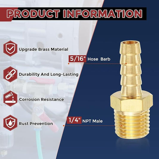Pack of 1 Brass Hose Barb Fittings Adapter Connector 5/16" Hose Barb to 1/4" NPT Male Fittings for Home Machines, Massage Bathtubs, and Irrigation Systems