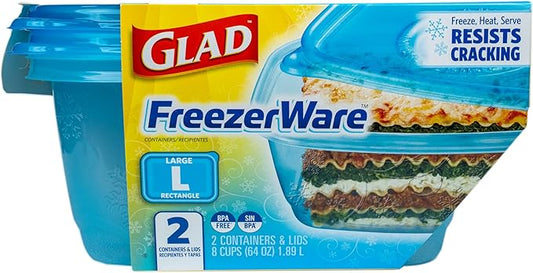 Glad GladWare FreezerWare Food Storage Containers with Lids, Large Rectangle BPA Free Plastic for Freezing Soups Meals and Batch Cooking, Crack Resistant, Microwave Dishwasher Safe, 64 Oz, 2 Ct - 6 Pk