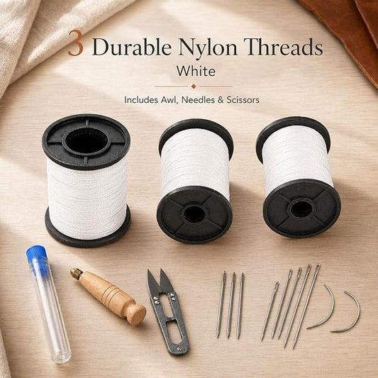 16Pcs Upholstery Repair Sewing Kit, Heavy Duty Leather Sewing Kit with Sewing Awl, Hand Needles, Curved Needles, Scissors and Nylon Thread for Leather Shoes, Sofa, Furniture, Canvas Repair (White)