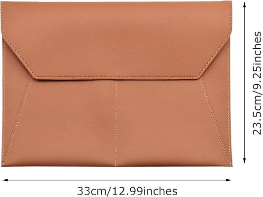 PU Leather A4 File Folder Document Holder with 3 Pockets Waterproof Stylish Envelope Folder Case with Snap Closure (Khaki)