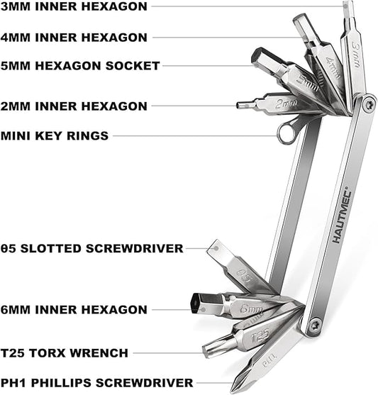 HAUTMEC 9 in 1 Bike Multitool, Mini Bike Repair Tool Kit for Road and Mountain Bikes, Lightweight Stainless Steel Bike Tool With 2/3/4/6mm Inner Hexagon and Phillips Screwdriver Multitool HT0418-BT