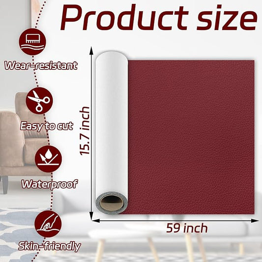 1Pcs Leather Repair Patch, Wine Red Self Adhesive Leather Repair Patch Kit 15.7x59 Inch, Large Vinyl Leather Repair Tape for Furniture, Car Seat, Couch, Sofa, Chair, Boat Seat